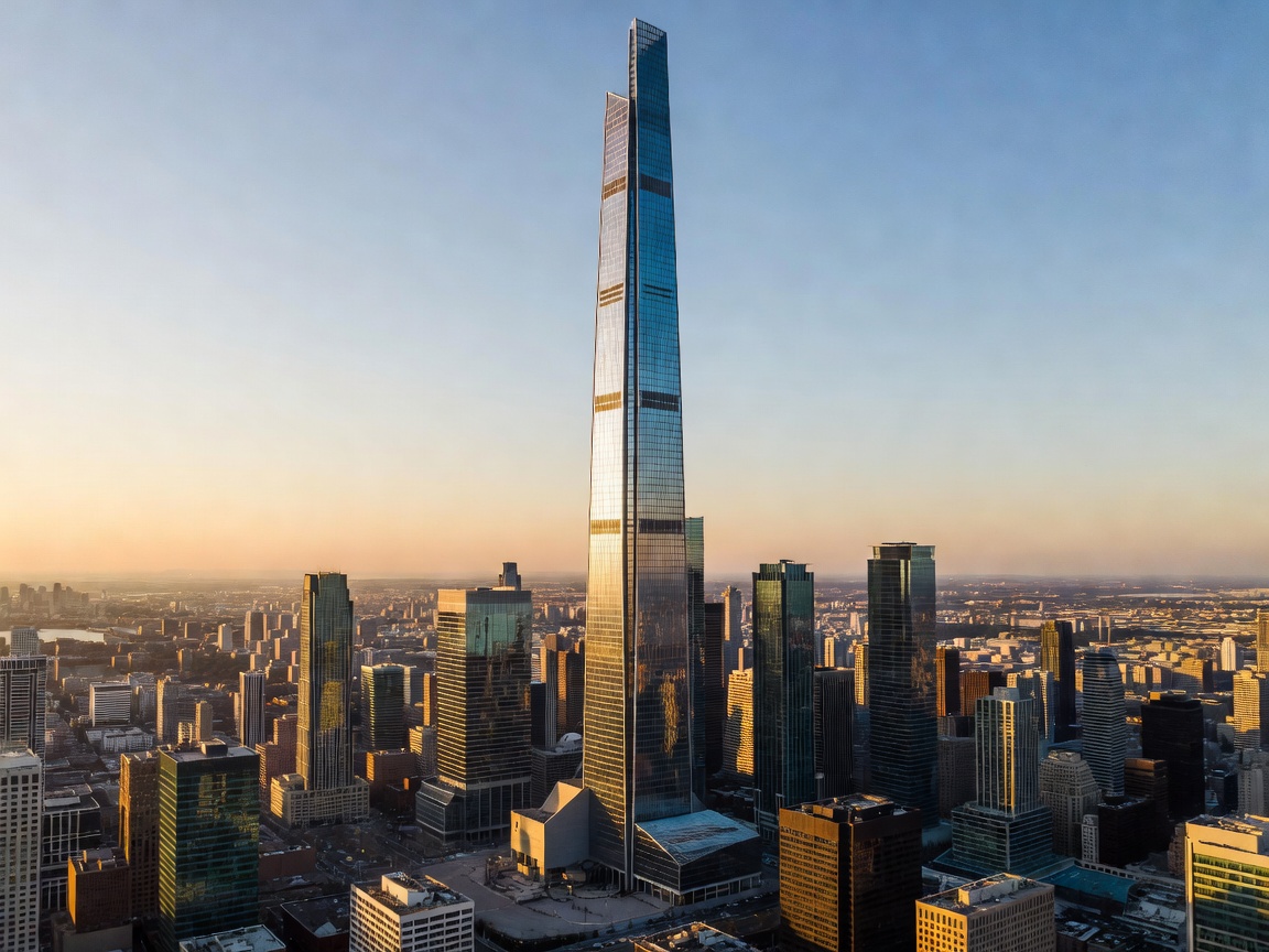 Megatall skyscraper rising above urban skyline